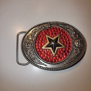 Vintage Western Belt Buckle Red Rhinestone Star Silver Tone